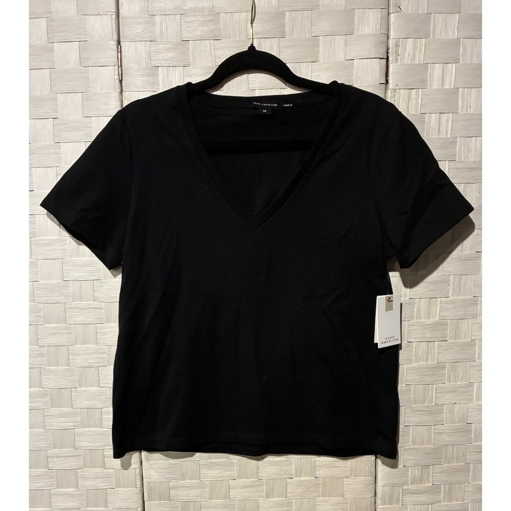 Good American Women's Black V-Neck Short Sleeve T-Shirt NWT Size XS